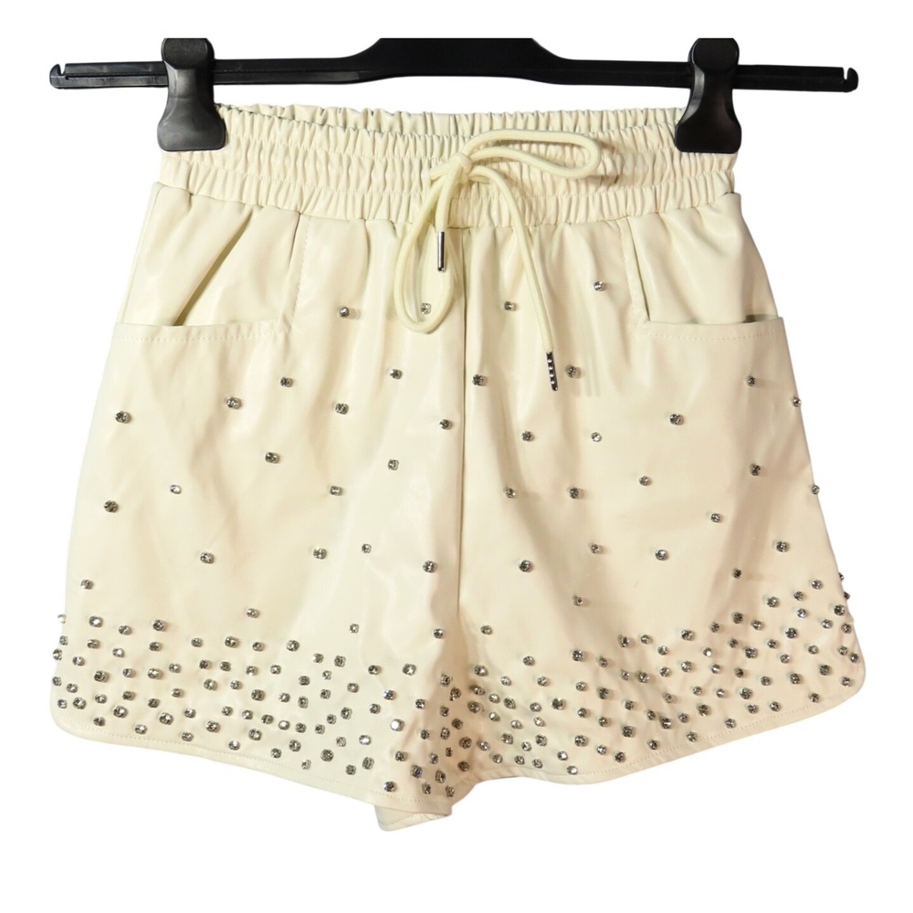 NWT Blue B. Shorts OFF-WHITE FAUX LEATHER Rhinestone Embellished BLING sz S